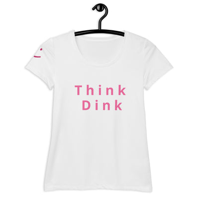 Think Dink Women's Pickleball T-Shirt in white with pink lettering on hanger