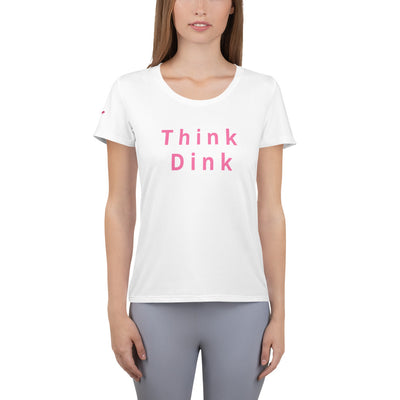 Think Dink Women's Pickleball T-Shirt in white with pink lettering on model shown in front view