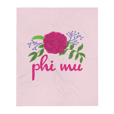 Phi Mu Carnation Design Pink Throw Blanket showing hand drawn design