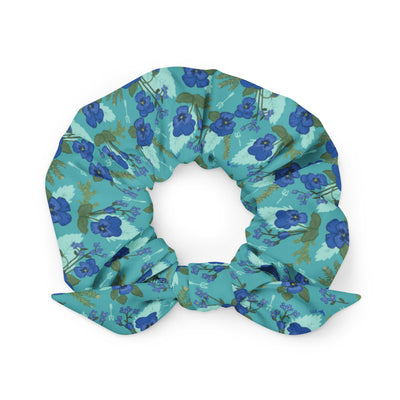 Tri Delta Sorority Scrunchie in pansy floral print showing bow at bottom