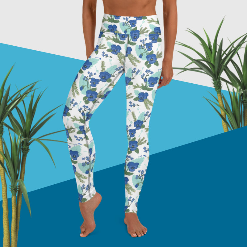 Tri Delta Sorority Leggings in white pansy floral print shown on model