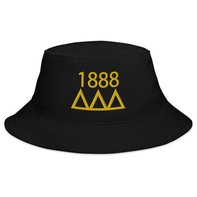 Tri Delta Sorority Bucket Hat in black in close up view with 1888 and letters embroidered in gold