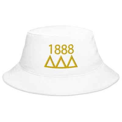 Tri Delta Sorority Bucket Hat in white with 1888 and letters embroidered in gold