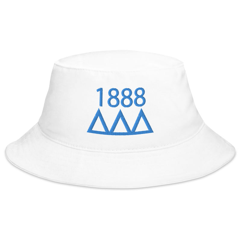 Tri Delta Sorority Bucket Hat in white shown flat with blue embroidery