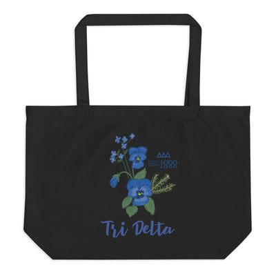 Tri Delta Large Sorority Tote Bag in black shown flat with 1888 design