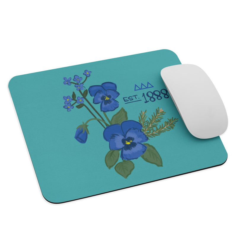 Tri Delta Sorority Mouse Pad shown with a mouse and hand-drawn 1888 and letters design