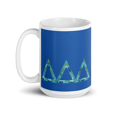 Tri Delta Sorority Letters Blue Mug in 15 oz size with handle on left