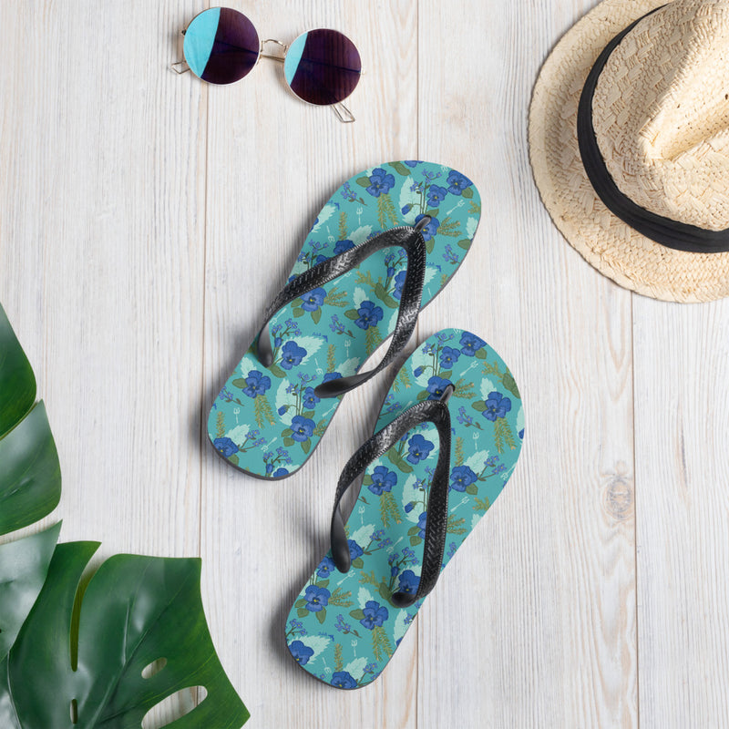 Tri Delta Sorority Flip-Flops with pansy floral print shown in lifestyle setting