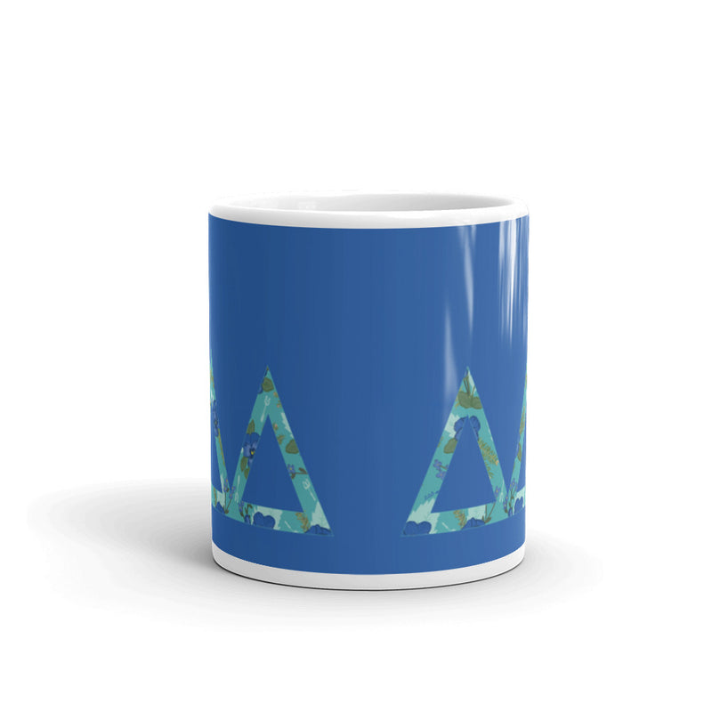 Tri Delta Sorority Mug showing filled letters on both sides of blue mug