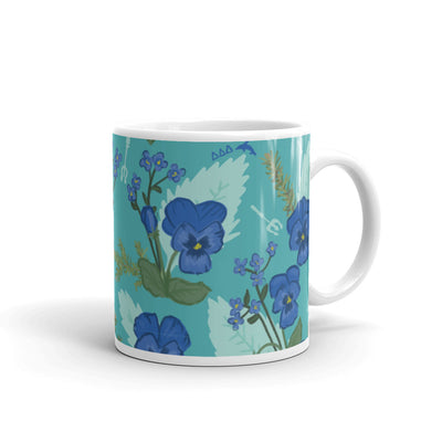 Tri Delta Sorority Mug with pansy floral print in teal in 11 oz size