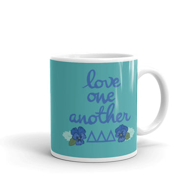 Tri Delta Sorority Mug in 11 oz size with Love One Another design with handle on right