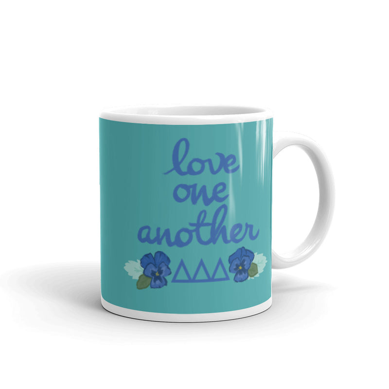 Tri Delta Sorority Mug in 11 oz size with Love One Another design with handle on right