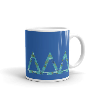 Tri Delta Sorority Mug with filled letters on Cerulean blue mug handle on right