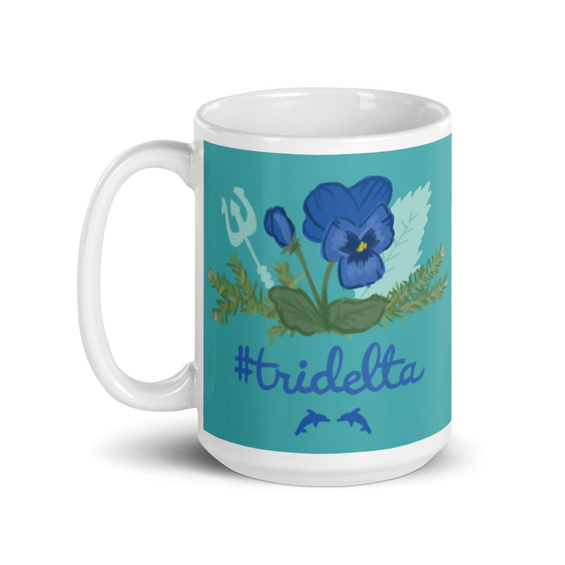 Tri Delta Sorority Mug with pine and poseidon design on 15 oz mug