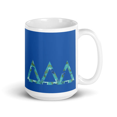 Tri Delta Sorority Mug in 15 oz size with filled letters on blue mug with handle on right