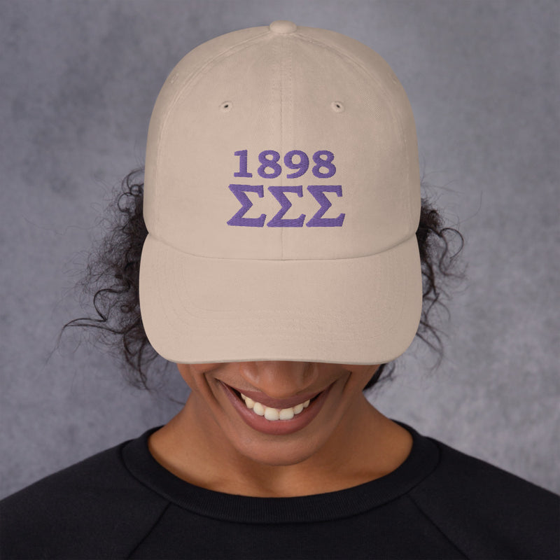 Tri Sigma 1898 Founding Year Baseball Hat in stone on model