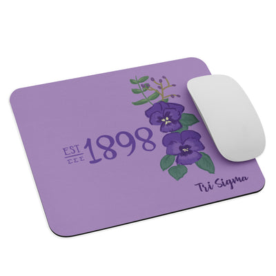 Tri Sigma 1898 Mouse Pad shown with mouse and with hand drawn design