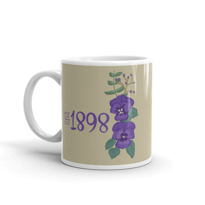 Tri Sigma 1898 Sorority Mug shown in full view in 11 oz size with handle on the left