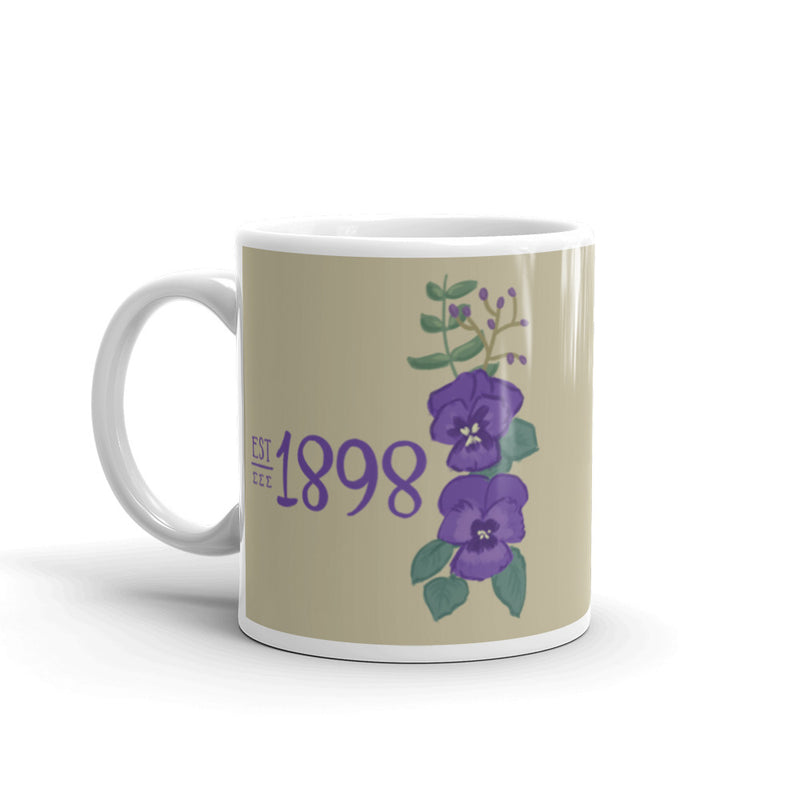 Tri Sigma 1898 Sorority Mug shown in full view in 11 oz size with handle on the left