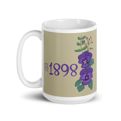 Tri Sigma 1898 Sorority Mug shown in full view in 15 oz size with handle on left