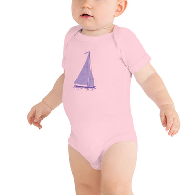 Tri Sigma Sailboat Mascot Baby Onesie in pink shown on baby model