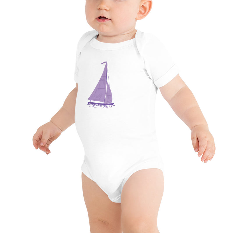 Tri Sigma Sailboat Mascot Baby Onesie in white shown on baby model