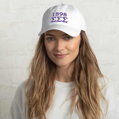 Tri Sigma Embroidered Baseball hat with 1898 Founding Year and letters embroidered in purple