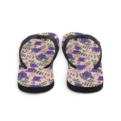Tri Sigma flip flops in violet floral print shown in back view