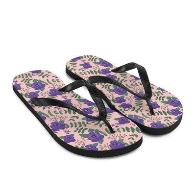 Tri Sigma flip flops featuring violet floral print in pink shown in side view