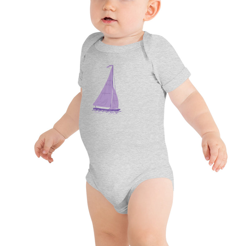 Tri Sigma Sailboat Mascot Baby Onesie in athletic heather shown on baby model