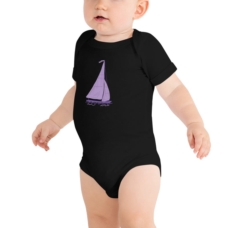 Tri Sigma Sailboat Mascot Baby Onesie in black shown on baby model