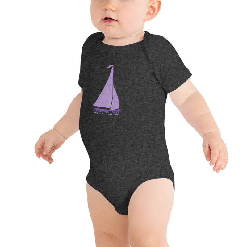 Tri Sigma Sailboat Mascot Baby Onesie in dark gray shown on baby model