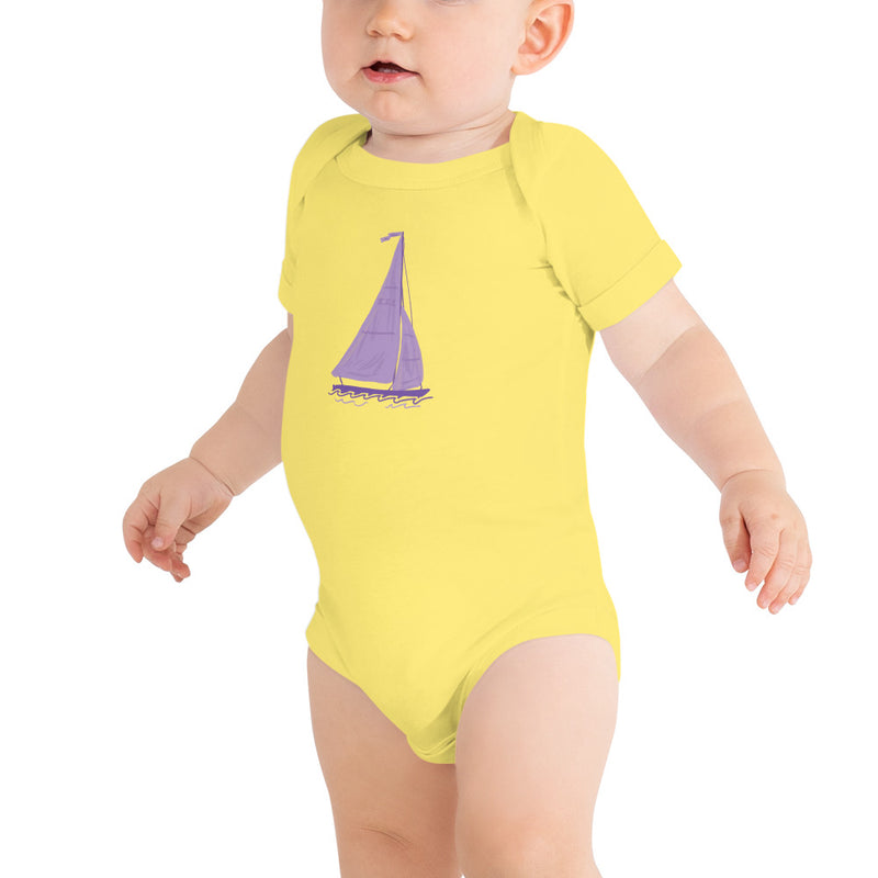 Tri Sigma Sailboat Mascot Baby Onesie in yellow shown on baby model