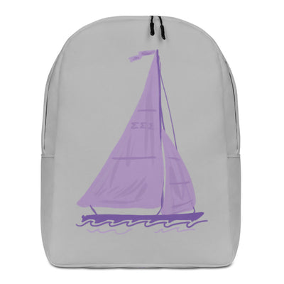 Tri Sigma Sailboat Backpack showing hand drawn sailboat design in gray