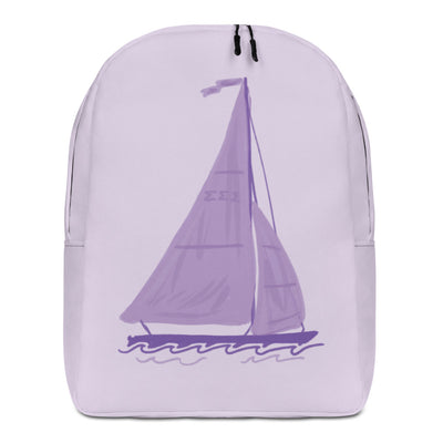 Tri Sigma Sailboat Backpack showing hand drawn sailboat design with Sigma Sigma Sigma letters