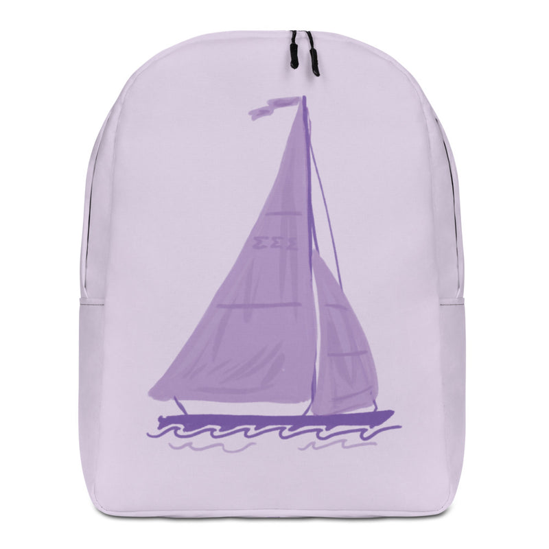 Tri Sigma Sailboat Backpack showing hand drawn sailboat design with Sigma Sigma Sigma letters