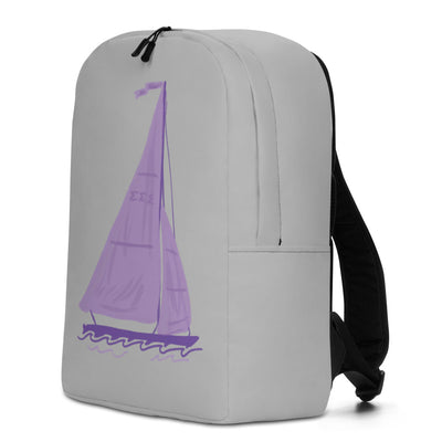 Tri Sigma Sailboat Backpack showing hand drawn sailboat design in gray shown in side view