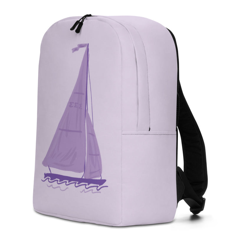 Tri Sigma Sailboat Mascot backpack in Lavender showing side view and back straps