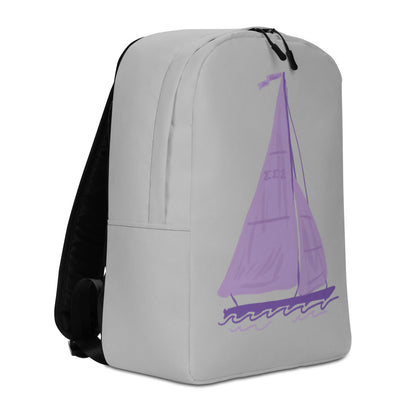 Tri Sigma Sailboat Backpack showing hand drawn sailboat design in gray shown in side view