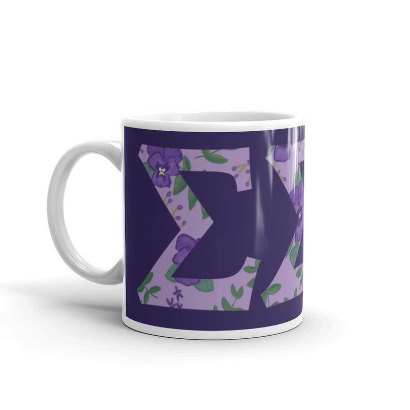 Tri Sigma Sorority Letters Mug in Purple in 11 oz size with handle on left