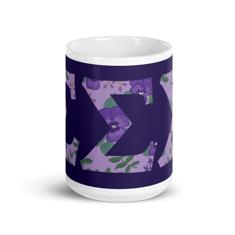 Tri Sigma Sorority Letters Mug in 15 oz size showing print wrapping around mug