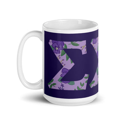 Tri Sigma Sorority Letters Mug in 15 oz size showing print wrapping around mug