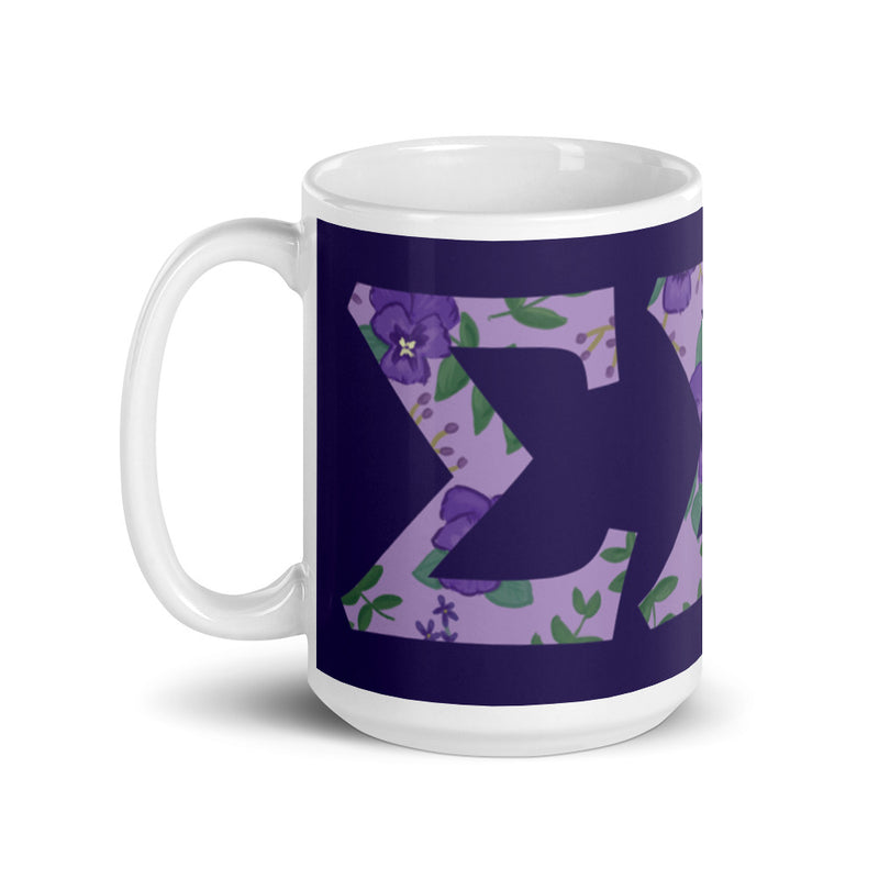 Tri Sigma Sorority Letters Mug in 15 oz size showing print wrapping around mug