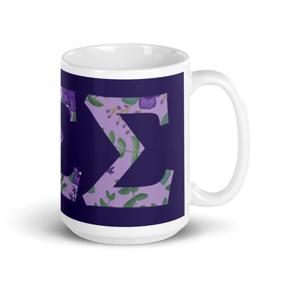 Tri Sigma Sorority Letters Mug in Purple in 15 oz size shown with handle on right