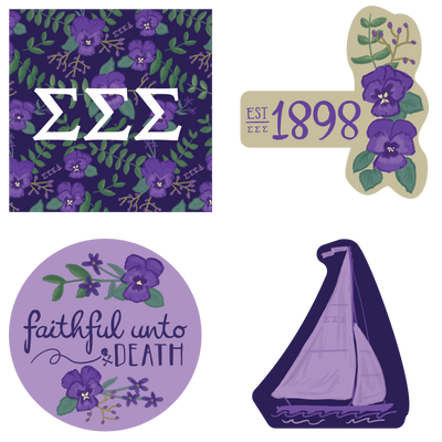 Tri Sigma Sorority Stickers showing all 4 unique hand-drawn designs