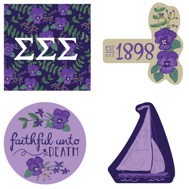 Tri Sigma Sorority Stickers showing all 4 unique hand-drawn designs