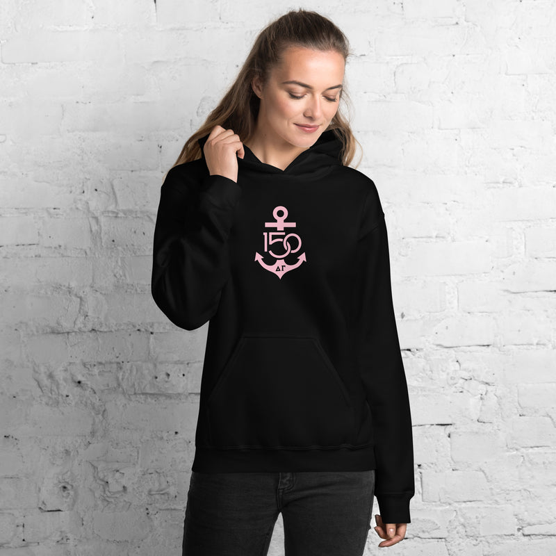 Delta Gamma 150th Anniversary hoodie in Black with pink logo