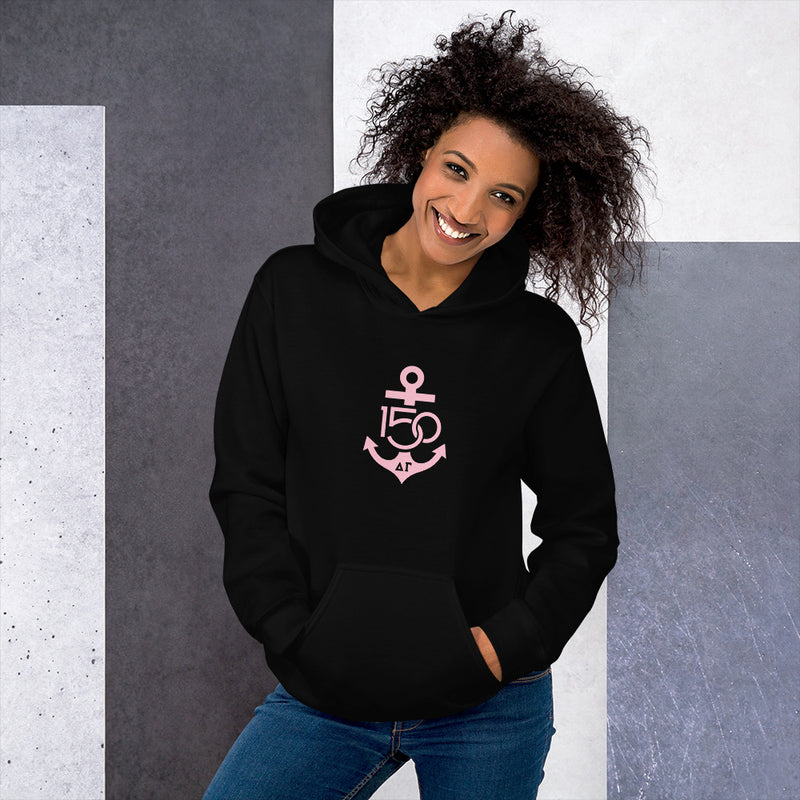 Delta Gamma 150th Anniversary Limited Edition Hoodie in black with pink logo on model