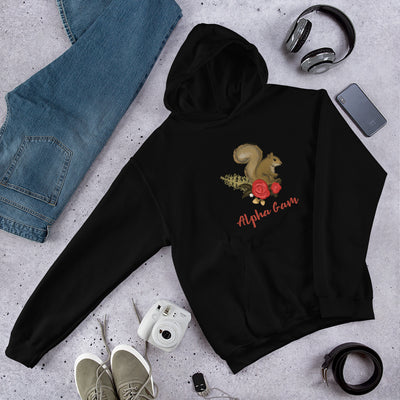 Alpha Gamma Delta Squirrel Mascot Comfy Hoodie shown in lifestyle setting