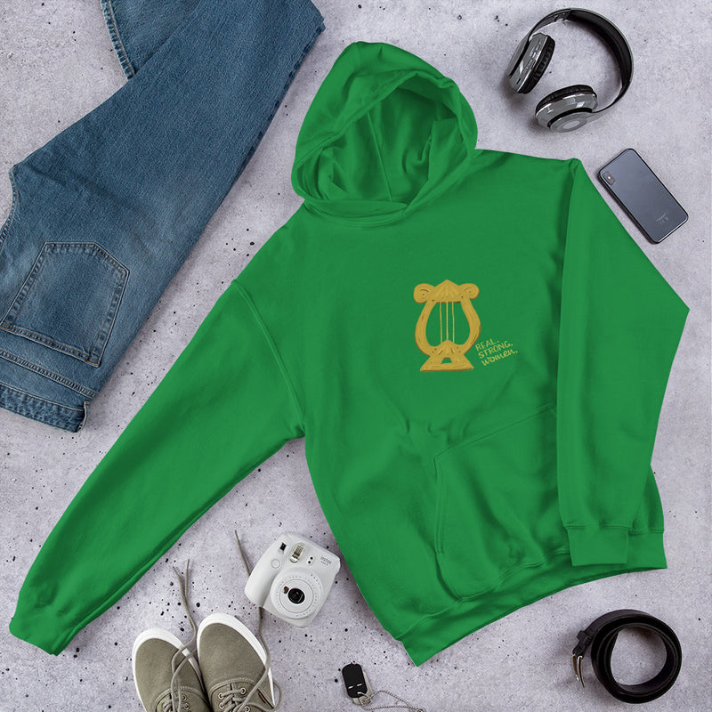 Alpha Chi Real.Strong.Women Hoodie in Kelly Green in lifestyle photo